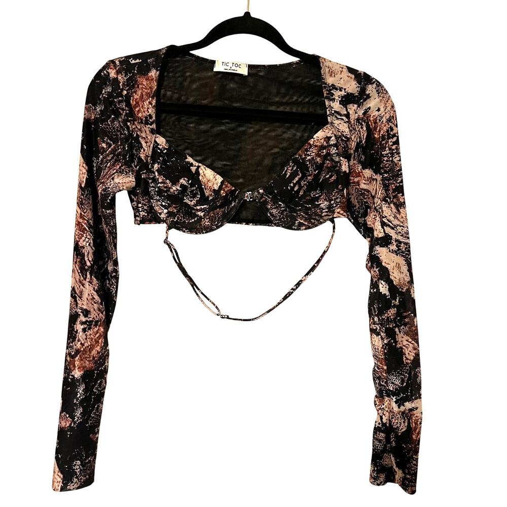 Tic Toc Los Angles Long Sleeve Underwired Bustier Crop Top Floral Sheer Sz Small